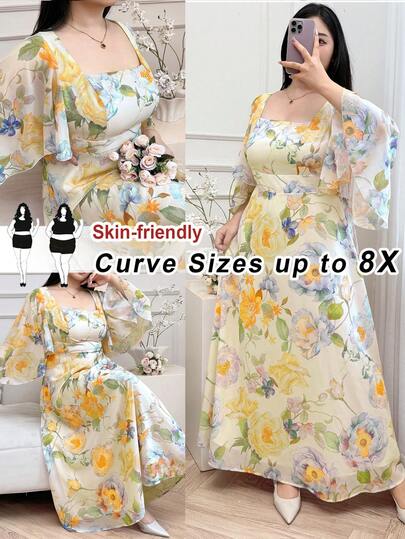 SHEIN CURVE+ Đầm dài in hoa thanh lịch cỡ lớn