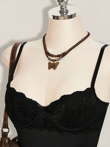 SHEIN ICON Y2K 夏季女士外出黑色性感夜店派对沙滩毕业典礼纯色蕾丝拼接修身吊带迷你连衣裙 - 黑色 - 查看 5