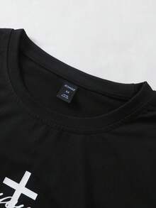 ROMWE MEN Street Life Men's Portrait Print Short Sleeve T-Shirt, Suitable For Daily Wear In Spring And Summer - Black - View 3