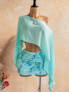 Soleia Bộ 2 món dành cho nữ: Áo khoác ngoài cổ lệch gợi cảm + Chân váy mini xếp ly đính đá bằng chiffon, trang phục thường ngày cho kỳ nghỉ biển, hẹn hò, tiệc trà chiều, đi biển, du thuyền, du lịch thành phố, lễ hội âm nhạc, tiệc tùng, kỳ nghỉ phong cách boho, đi làm hàng ngày, trang phục nghỉ dưỡng gợi cảm, chất liệu móc len, vải lanh. - Màu xanh bạc hà - Xem 8