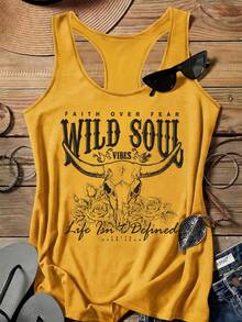 SHEIN LUNE Wild Soul字母印花休闲简约宽松吊带背心，适合夏季穿着 - 黃色 - 查看 1