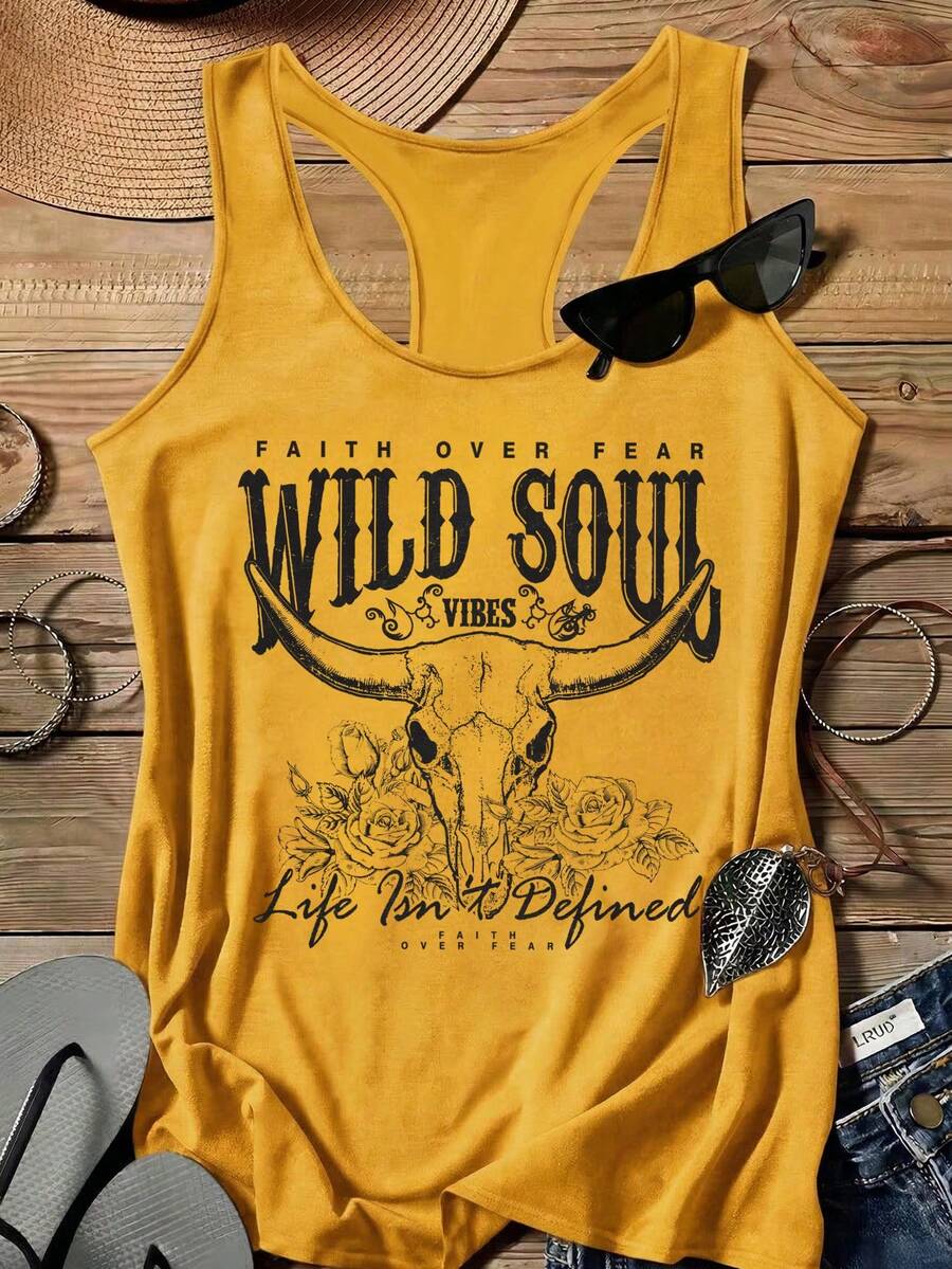 SHEIN LUNE Wild Soul字母印花休闲简约宽松吊带背心,适合夏季穿着 - 黃色 - 查看 1