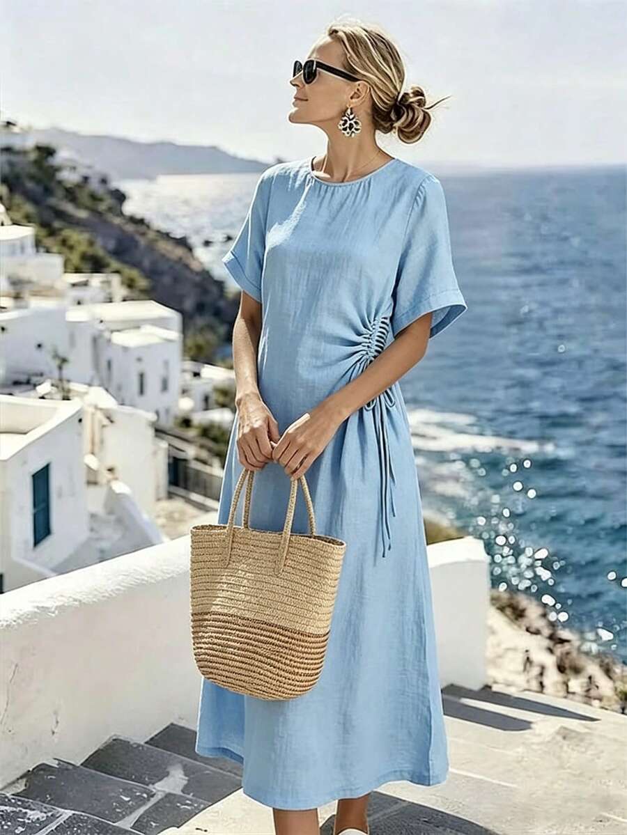 SHEIN Holidaya Women's Short Sleeve Round Neck Waist Ruched Design Vacation Style Long Dress, Blue - Lake Blue - View 1