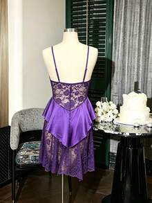 SilkySpell Satin Contrast Lace Sexy Backless Floral Decor Women's Camisole Nightgown - Purple - View 2
