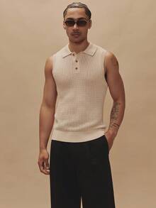 Fitted Waffle Polo Style Button Up Sleeveless Vest Collared Sweater Tank Top Spring Summer Essentials Holiday - Apricot - View 5