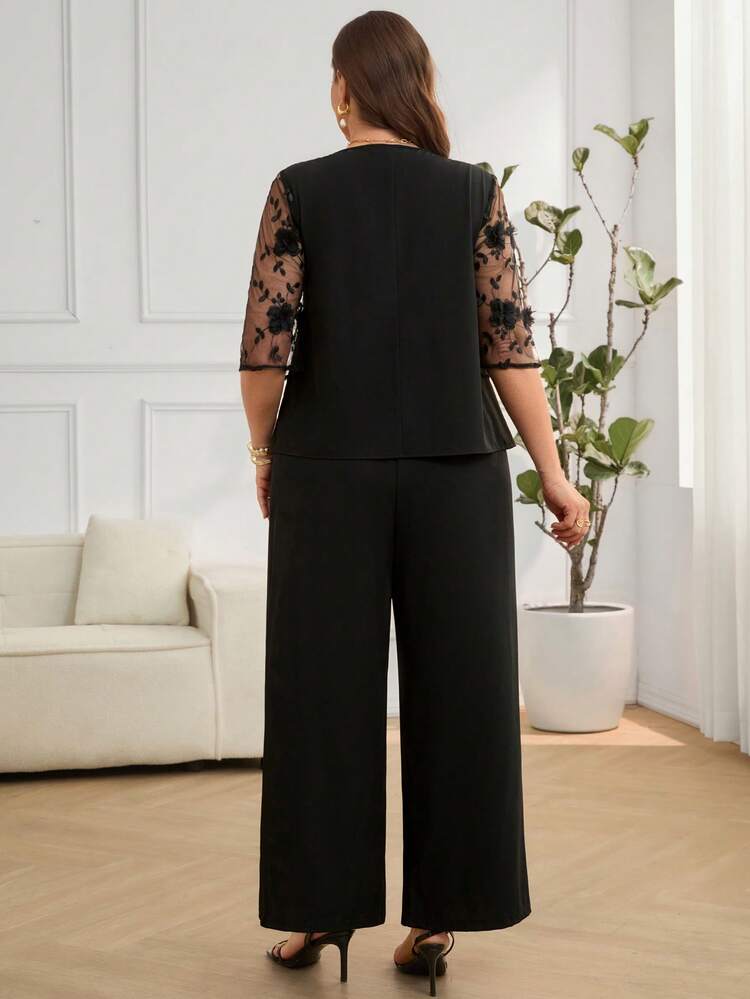 Plus Size Women Mesh Patchwork Round Neck Top And Pants Casual Suit