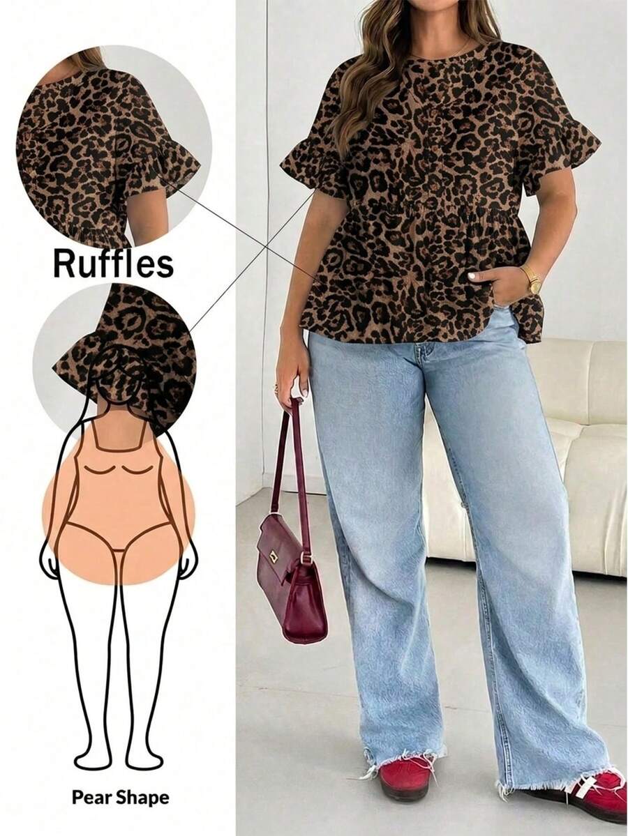 SHEIN Essnce Plus Size Women Round Neck Ruffle Trim Short Sleeve Blouse, Summer Leopard Print Top Cheetah Print Leopard Print Puppy Keep Ruffle Sleeve Top Womens Leopard Top Zoo Outfits Women Outfits To Hide Belly Fat - White - View 1