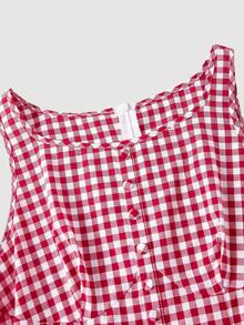 SHEIN MOD Đầm ngắn in hoa, cổ tròn, eo thấp, thắt nơ. - Đỏ và trắng - Xem 3
