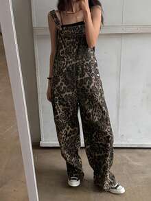 Bộ jumpsuit denim ống rộng có túi in họa tiết da báo dành cho nữ - Cà phê nâu - Xem 1