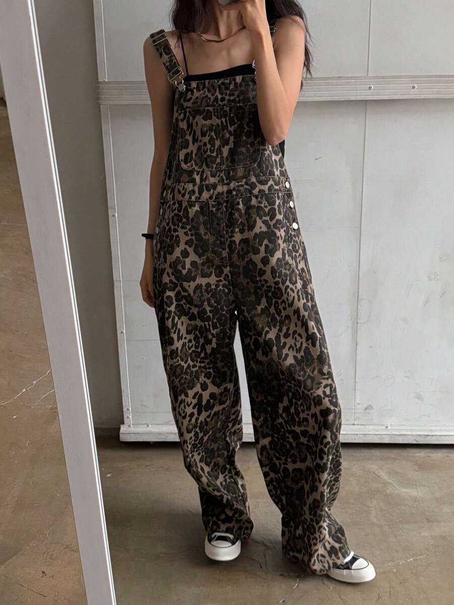 Bộ jumpsuit denim ống rộng có túi in họa tiết da báo dành cho nữ - Cà phê nâu - Xem 1