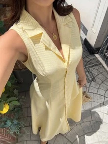 SHEIN Unity Blue & White Striped Collared Button-Front Sleeveless A-Line Dress, Elegant For Commute, Daily Wear, Dates In Summer - Yellow - View 4