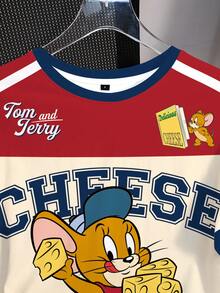 TOM & JERRY X SHEIN Áo thun nữ tay ngắn cổ tròn in hình hoạt hình, kiểu dáng thường ngày. - trắng - Xem 3