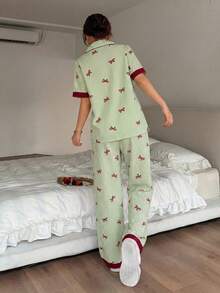 Napfluff Contrast Color Bow Striped Print Lapel Red Button Short Sleeve Top And Pants PJS, Pink Striped Pink Bow Print PJS, Suitable For Home Wear - Green - View 2