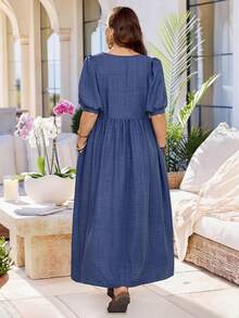 Plus Size Women's Summer Casual Vacation Country Round Neck Mid-Sleeve Short Sleeve Long Solid Color Blue Long Dress, Suitable For Summer Vacation,Casual Holiday Style,Summer Outfits For Women ,Vacation Outfits Women ,Holiday Outfits For Women,Going Out Outfits, New Clothes,Simple And Fashionable For Everyday Wear,Suitable For Summer, Vacation, Daily Wear, Festival Outfits For Women,Country Concert Outfit,Beach Outfits For Women,Western Style,Flowy Dress,Gifts For Mother,Faux Denim Blue Boho Dress - Blue - View 3