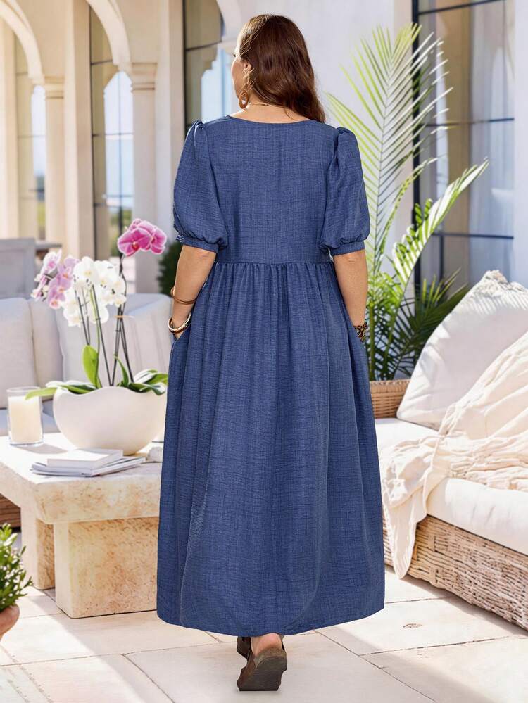 Plus Size Women's Casual Vacation Round Neck Mid-Sleeve Short Sleeve Long Green Dress, Spring/Summer