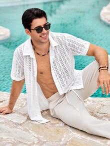 Mercer Haus Men's Jacquard Elastic Casual Shirt, Hollow Lattice, For Summer Vacation Beach Wear - White - View 1