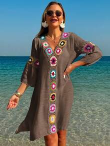 Swim Lushoire Women's V-Neck 3/4 Sleeve Crochet Floral Random Color Loose Side Slit Beach Cover Up Dress - Coffee Brown - View 5