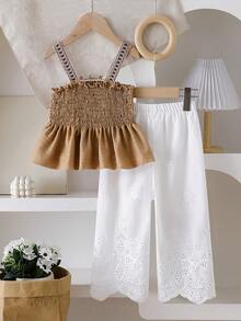 2pcs/Set Young Girl Korean Style Retro Embroidered Ribbon Ruffle Camisole Top & Floral Pants,Summer Matching Holiday Family Vacation Outfits - Khaki - View 4