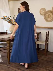 Lacomfia Navy Blue Linen Casual Loose Dress, Short Sleeve, Comfortable Daily Wear, Versatile, Wooden Button, Shell Tassel Decor, Plus Size Women - Navy Blue - View 2