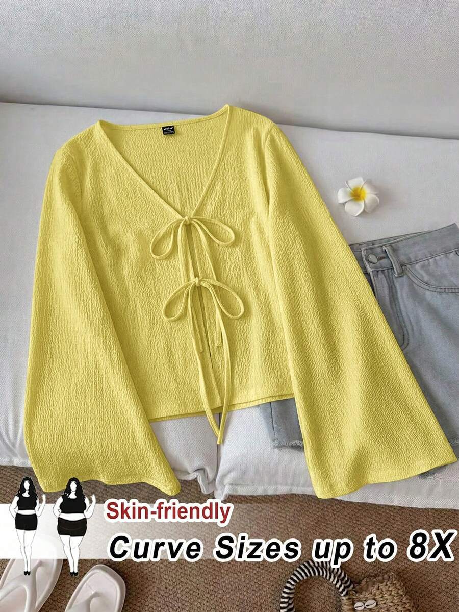 SHEIN CURVE+ 大码女式休闲系带喇叭袖上衣 - 鵝黃色 - 查看 1