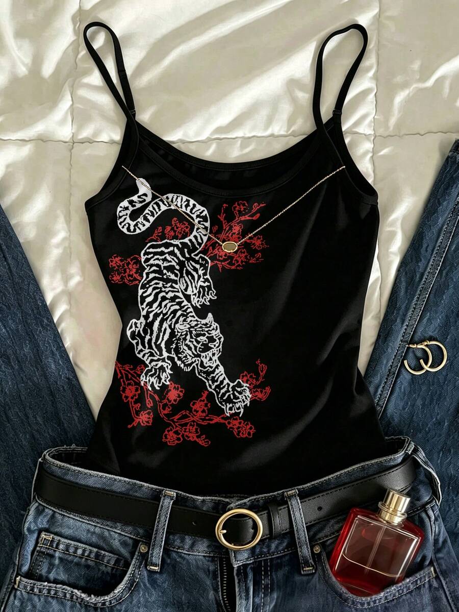 IslaSuriya Top de tirantes con estampado de tigre y floral estilo Y2K para mujer, chaleco sin mangas de cuello redondo de color contrastante, adecuado para uso diario en todas las estaciones - Negro - Ver 1