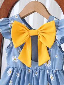 SHEIN Elladie kids 女童春夏休闲时尚新款连衣裙，纯黄色后背设计，饰有3D蝴蝶结，蓝色印花无袖A字裙，可爱舒适，适合日常、上学、度假、派对等场合，优雅的春夏装扮。 - 藍色 - 查看 3