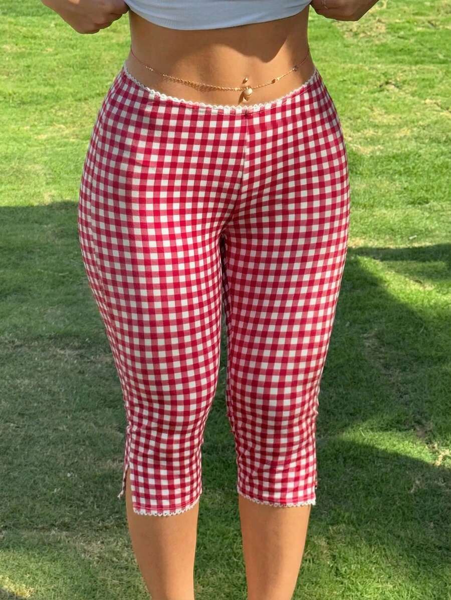 SHEIN EZwear Plus Size Summer Casual Plaid Split Hem Cropped Leggings - Black - View 1