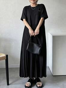 FRIFUL 女士时尚休闲通勤褶皱短袖连衣裙 - 灰色 - 查看 1