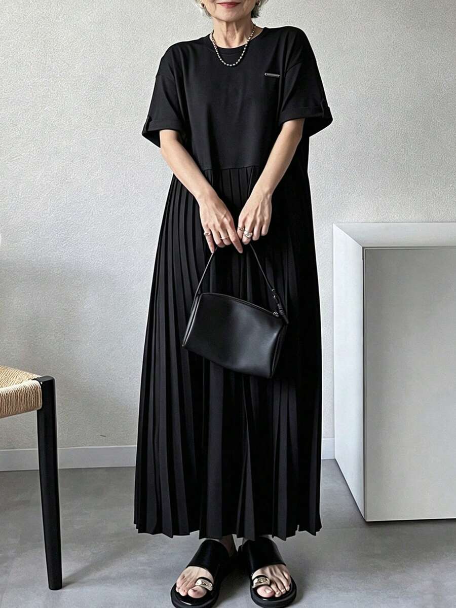 FRIFUL 女士时尚休闲通勤褶皱短袖连衣裙 - 灰色 - 查看 1