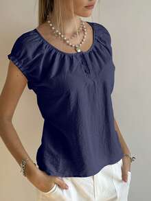SHEIN Bubbli Women's Ruffle Collar Half-Open Neck T-Shirt - Navy Blue - View 4