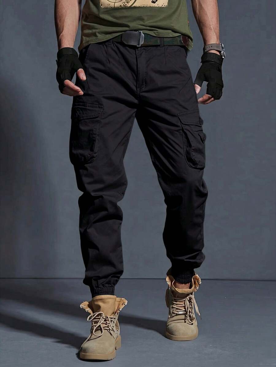 OTTIMOZO Men Plain Button Front Pocket Simple Design Casual Cargo Pants, Daily Wear, Fall - Black - View 1