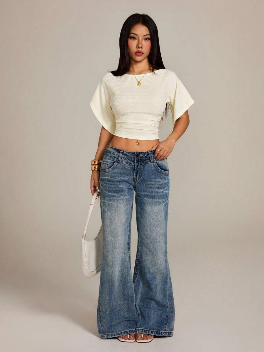SHEIN PETITE Áo thun ngắn tay cánh dơi màu mơ dành cho nữ - Màu be - Xem 1