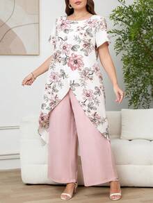 Ellevyn Bộ 2 món nữ size lớn: Áo dài tay ngắn cổ tròn màu trắng và hồng cùng quần dài họa tiết, bộ đồ casual kín đáo phong cách công sở thường ngày cho nữ, set 2 món quần áo cho quý cô, bộ 2 món cho nữ doanh nhân, tiệc trà mùa hè - Nhiều màu - Xem 4