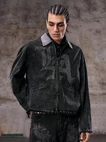 Skyrend Men's Fashionable Distressed Denim Jacket With Rhinestone Letter Print, Casual Streetwear For Daily, Commute Emo Jacket Rhinestone Jacket Vintage Jacket Grunge Jacket Star Jacketemo - Multicolor - View 5