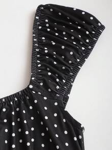Sweetra Retro American Style Polka Dot Square Collar Bow Lace Patchwork Fitted Summer T-Shirt For Women - Black - View 5