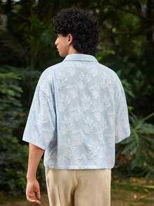 Open Phase Men's Street Style Casual Shirt, Lightweight Breathable Fashionable Cut-Out 3D Textured Short Sleeve Button-Up Shirt, Cropped Loose Fit Versatile Sky-Blue Couples Outfit, Suitable For Weekend Dates Beach Vacations Beach Parties Daily Shopping, Perfect Gift For Boyfriend & Son & Mother's Day - Blue - View 2