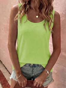 Selamara Nueva camiseta de tirantes básica de cuello en U de color verde neón con estilo retro casual - Verde - Ver 3