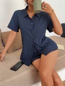 女士经典格子开襟羊毛领睡衣套装 - 藍色 - 查看 6