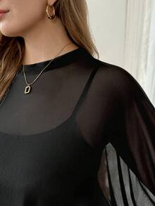 SHEIN LUNE Plus Size Women Summer Sexy Casual Vacation Sheer Mesh Blouse - Black and White - View 5