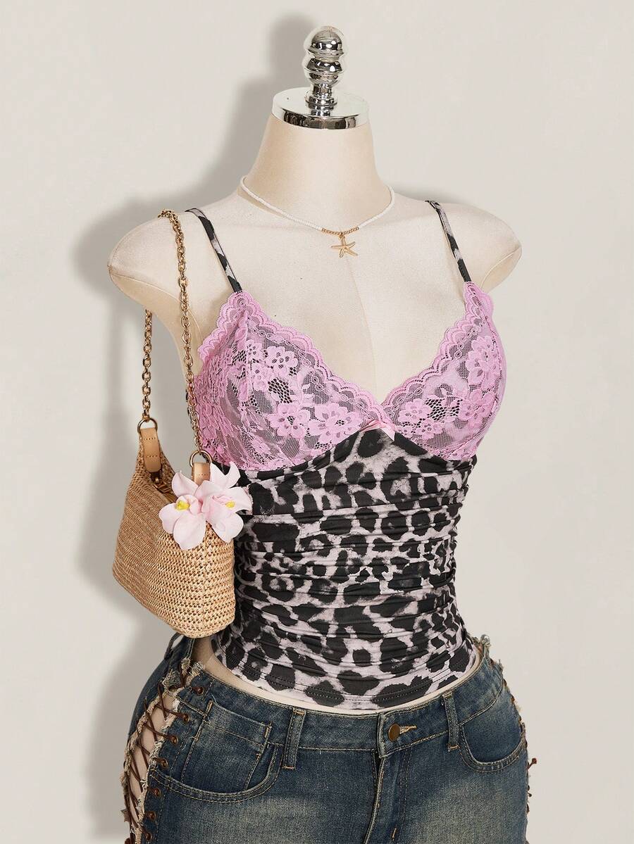 SHEIN ICON Áo camisole nữ phối ren và họa tiết da báo, gợi cảm, đa năng. - Nhiều màu - Xem 1