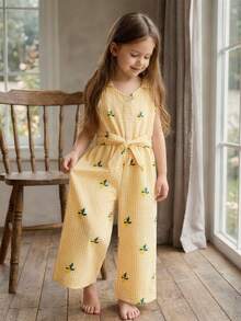 SHEIN Genkimix Kids 女童休闲百搭翻领纽扣腰带柔软褶皱牛仔质感连体裤，适合秋季、野餐、郊游、搭配服装、日常穿着 - 黃色 - 查看 3