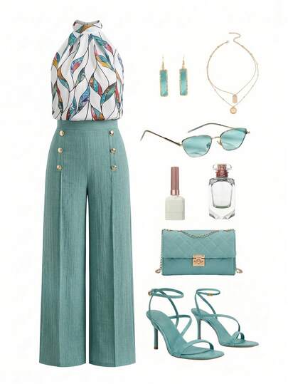 Ellevyn Plus Size Elegant Leaf Print Halter Top And Button Decorated Pants 2 Pieces Set, Summer