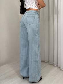SHEIN TRNDY Quần jeans ống đứng cạp thấp kẻ sọc kiểu dáng thường ngày - Rửa nhẹ - Xem 2