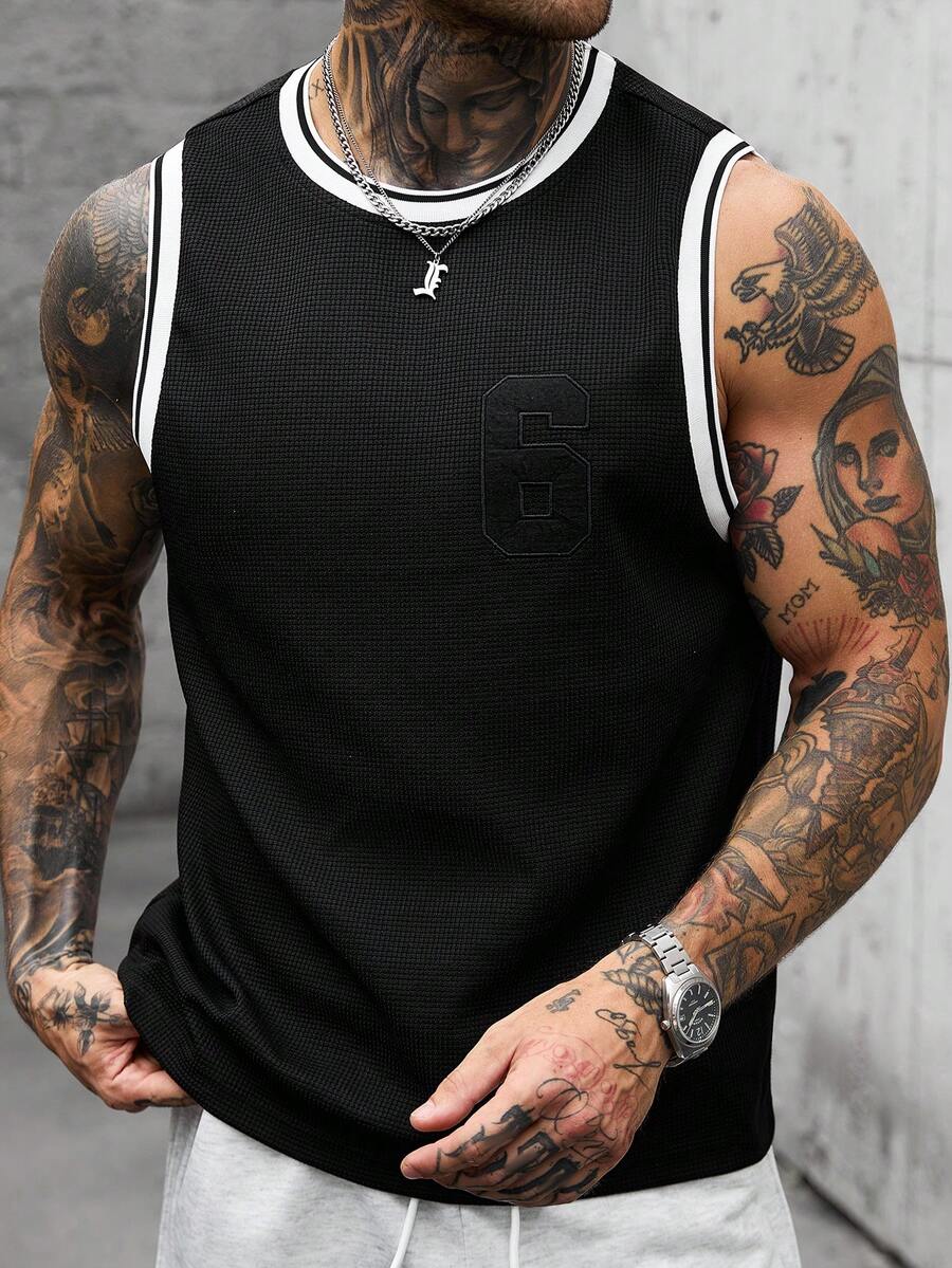 Manfinity CasualCool 男士華夫格紋針織背心，刺繡數字6，條紋滾邊圓領，休閒夏季街頭風，黑白健身極簡運動背心，度假款 - 黑色 - 查看 1