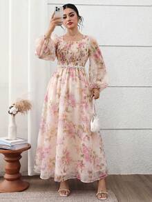 Modelyn 大码女式印花灯笼袖优雅连衣裙 - 粉色 - 查看 5