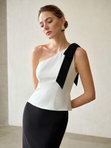MOTF PREMIUM Blusa elegante de un solo hombro con detalle de lazo negro para mujeres - Blanco y Negro - Ver 4