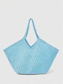 SHECARRY Túi tote dệt thời trang nữ, màu xanh nhạt tươi mát, dung tích lớn, nhẹ, thích hợp cho bé gái, phụ nữ, kỳ nghỉ hè, đi biển, dạo chơi. - Màu xanh nhạt - Xem 3