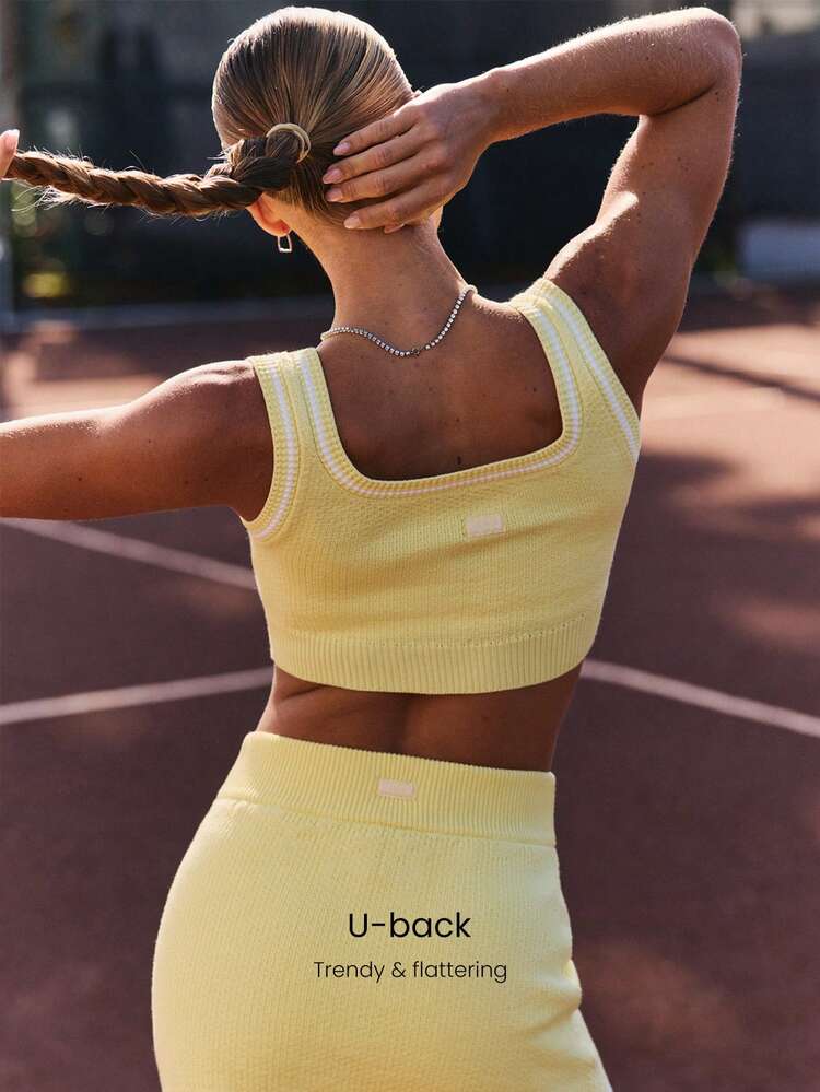 Rally Ready Ribbed Soft Stretchy Contrast Trim Non-Padded Square Neck Cropped Tank Top Tennis Golf Pickleball Daily Casual Wear