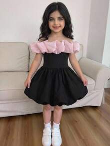 SHEIN Đầm dự tiệc thanh lịch cho bé gái, kiểu trễ vai, phối màu, vạt phồng xếp ly, viền bèo nhún bằng vải organza, màu đen, thích hợp cho đám cưới, ngày Valentine. - Hồng - Xem 3