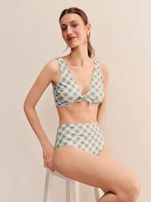 lacRébo Bộ bikini màu xanh lá cây nhạt kẻ caro với dây buộc phía trước và quần cạp cao, kiểu dáng dễ thương, phong cách mùa hè Pháp, gồm 2 mảnh, thích hợp cho đi biển. - màu xanh lá - Xem 6